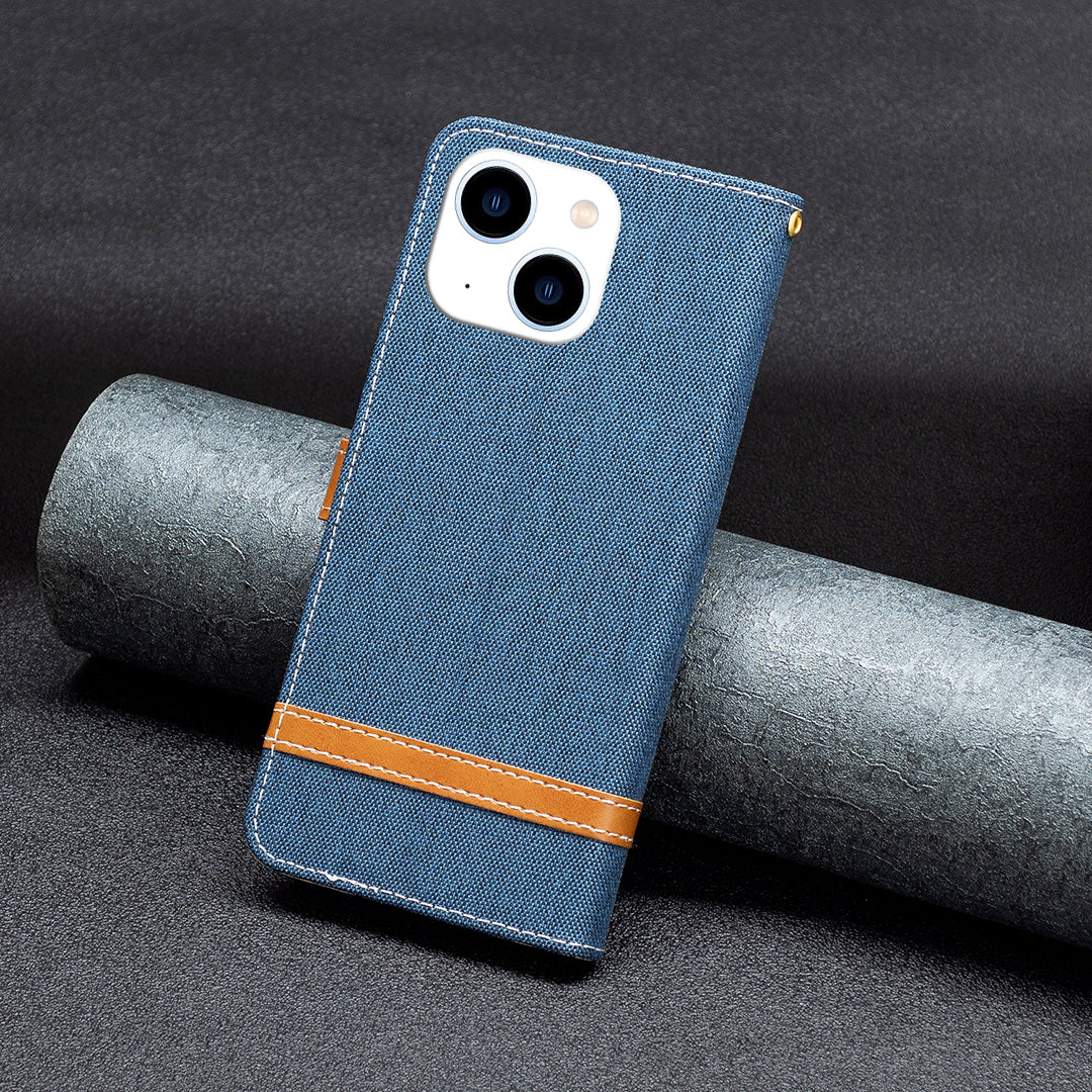 Uniqkart for iPhone 15 Jeans Cloth Splicing PU Leather + TPU Phone Case Wallet Stand Anti-scratch Cover - Navy Blue Uniqkart for iPhone 15 Jeans Cloth Splicing PU Leather + TPU Phone Case Wallet Stand Anti-scratch Cover - Navy Blue